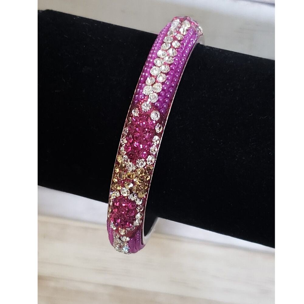 Vintage Bracelet / Bangle - Pink, Clear Gems & Light Gold Tone Gems 7"